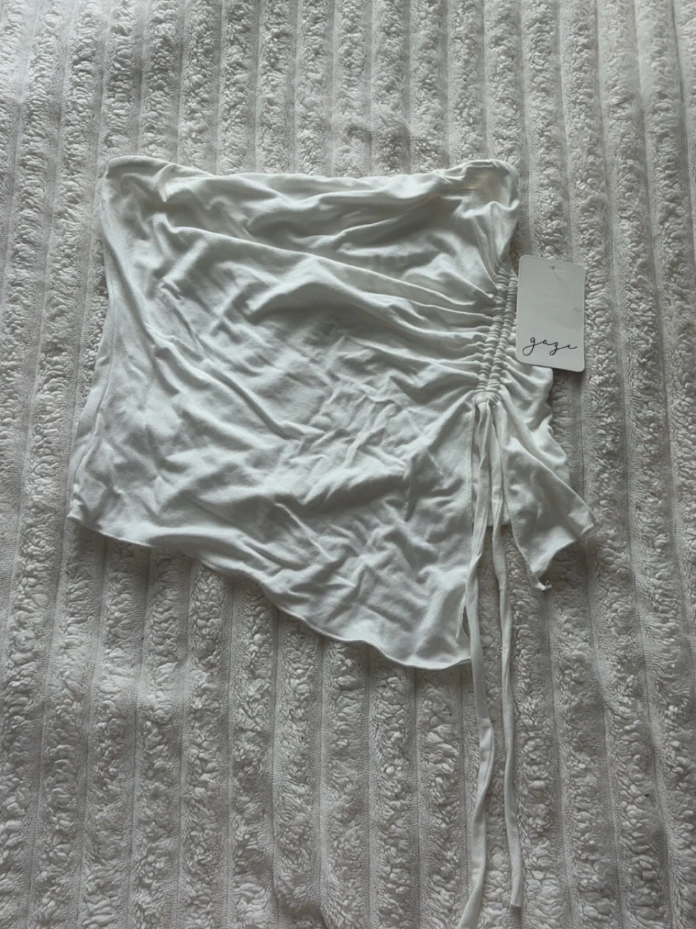 Gaze White Ruched Side Tie Asymmetric Top